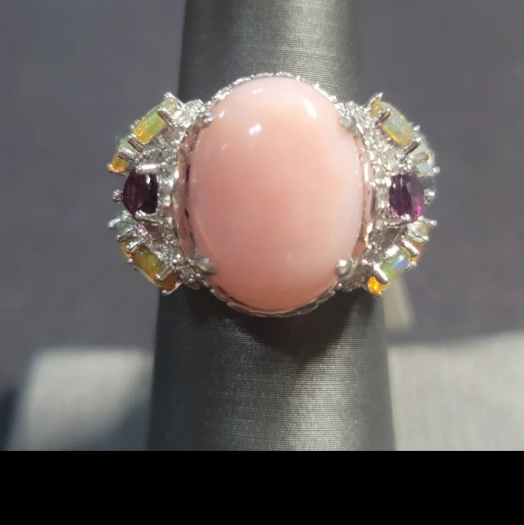 R12 Natural Pink Opal And Rhodolite Cocktail Ring